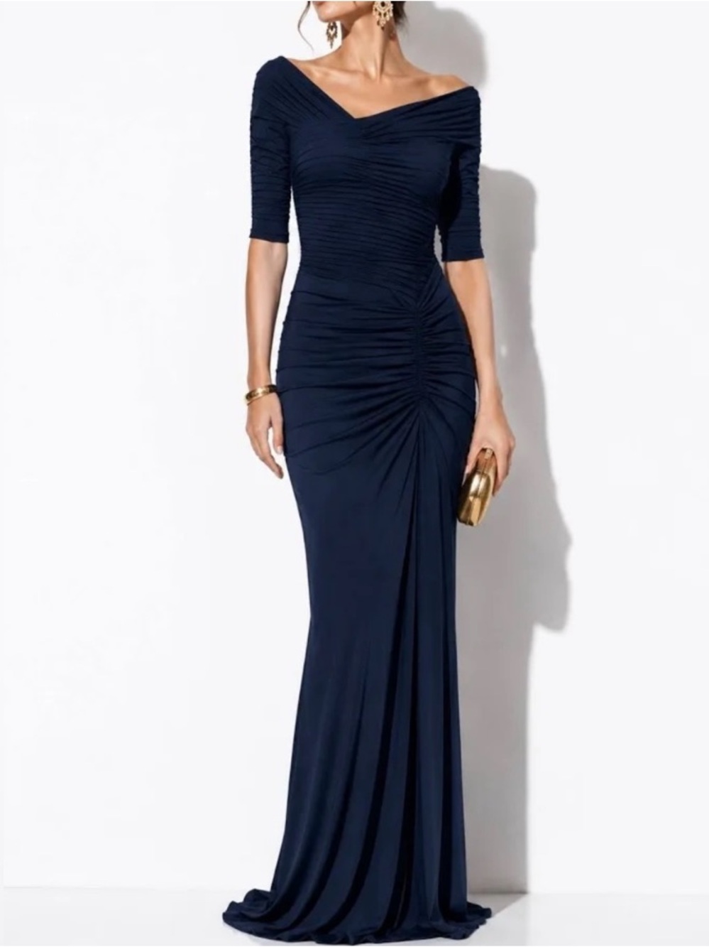 Tadashi Shoji Draped Mesh Gown Navy Blue Ruched Pleated Formal Dress Wedding S